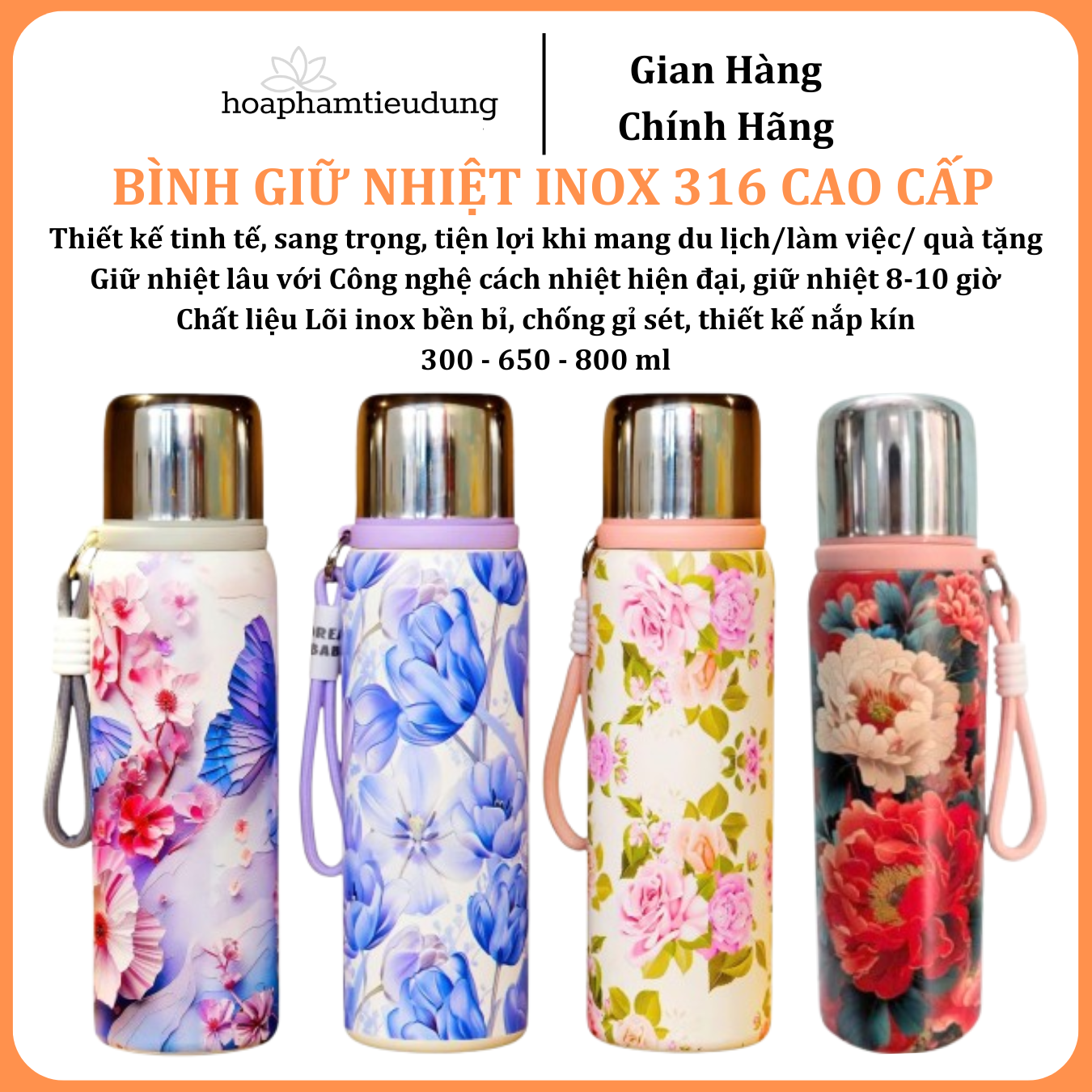  Bình giữ nhiệt Inox 316 in hình họa tiết đẹp mắt có quai treo siêu bền 300ml, 650ml, 800ml 