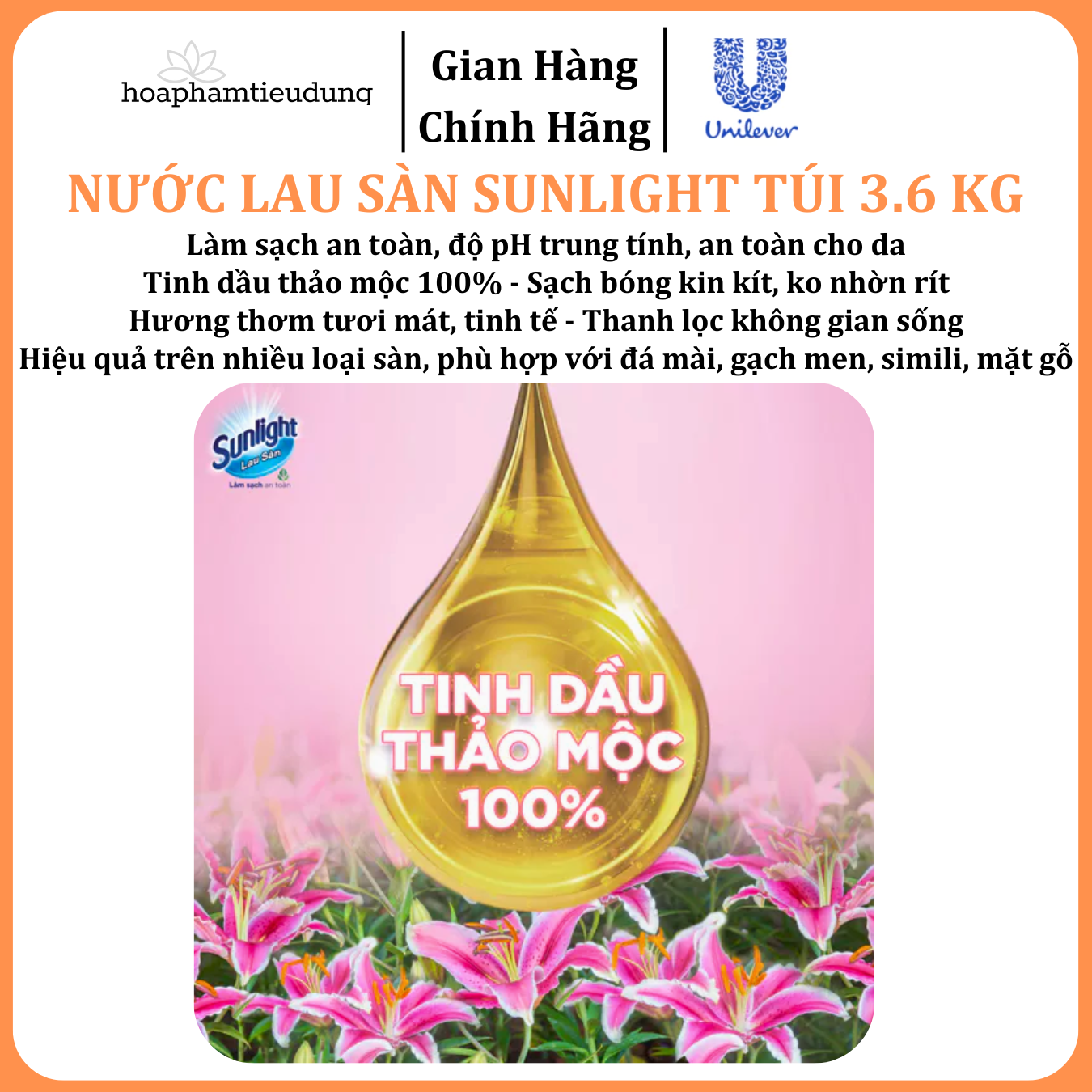 Nước Lau Sàn Sunlight Tinh Dầu Thảo Mộc Sạch Bóng Túi 3.6 Kg 
