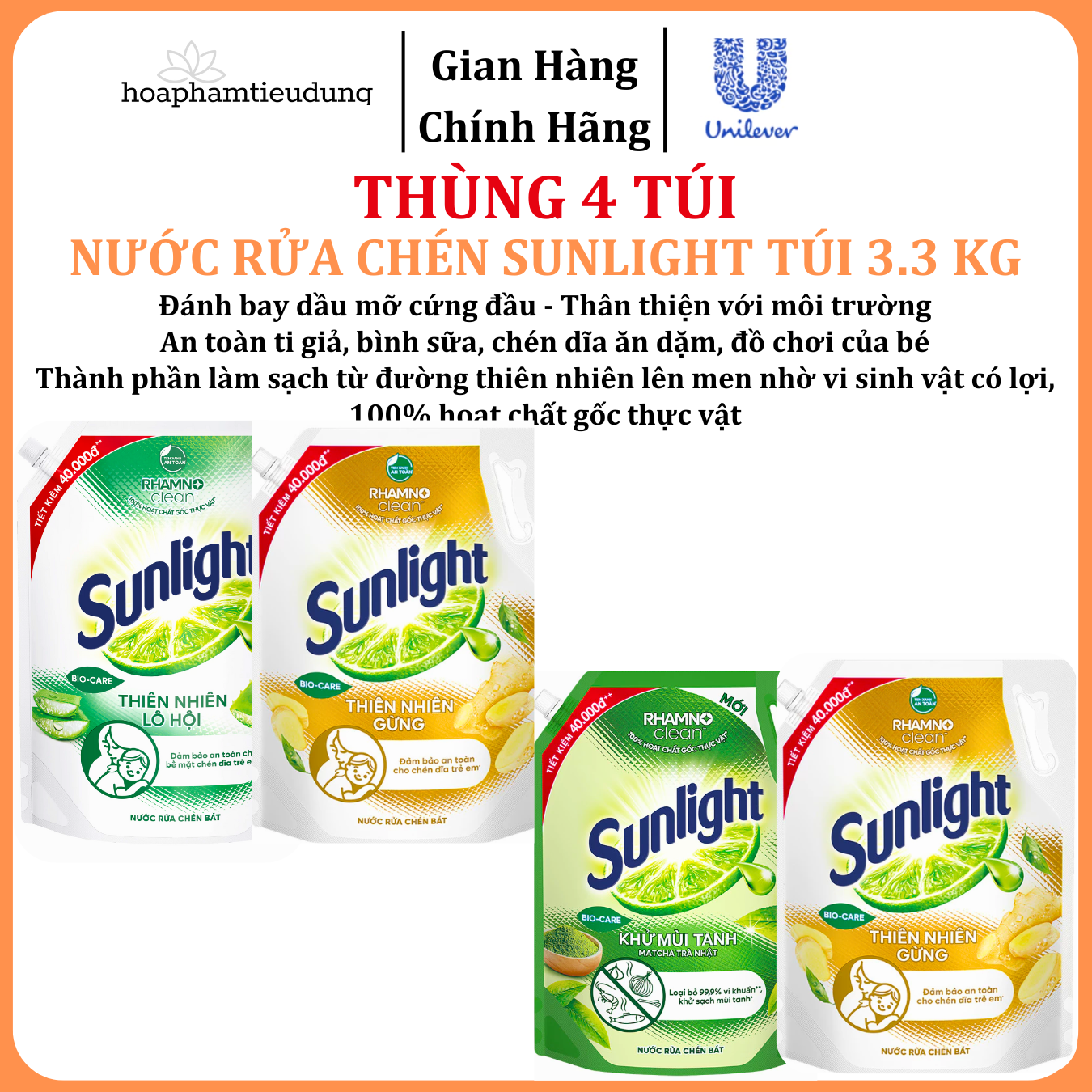  Nước rửa chén Sunlight Bio-care với thành phần từ 100% tự nhiên Túi 3.3 kg 