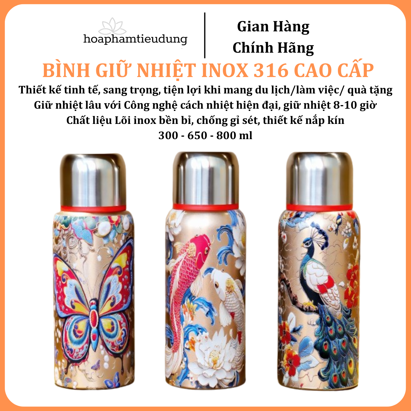  Bình giữ nhiệt Inox 316 in hình họa tiết đẹp mắt có quai treo siêu bền 300ml, 650ml, 800ml 
