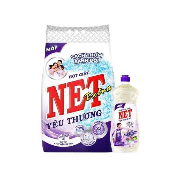  Combo Bột giặt NET yêu thương Extra bịch 5.5kg + Nước rửa chén NET yêu thương đậm đặc hương Chanh tươi mát chai 750g 