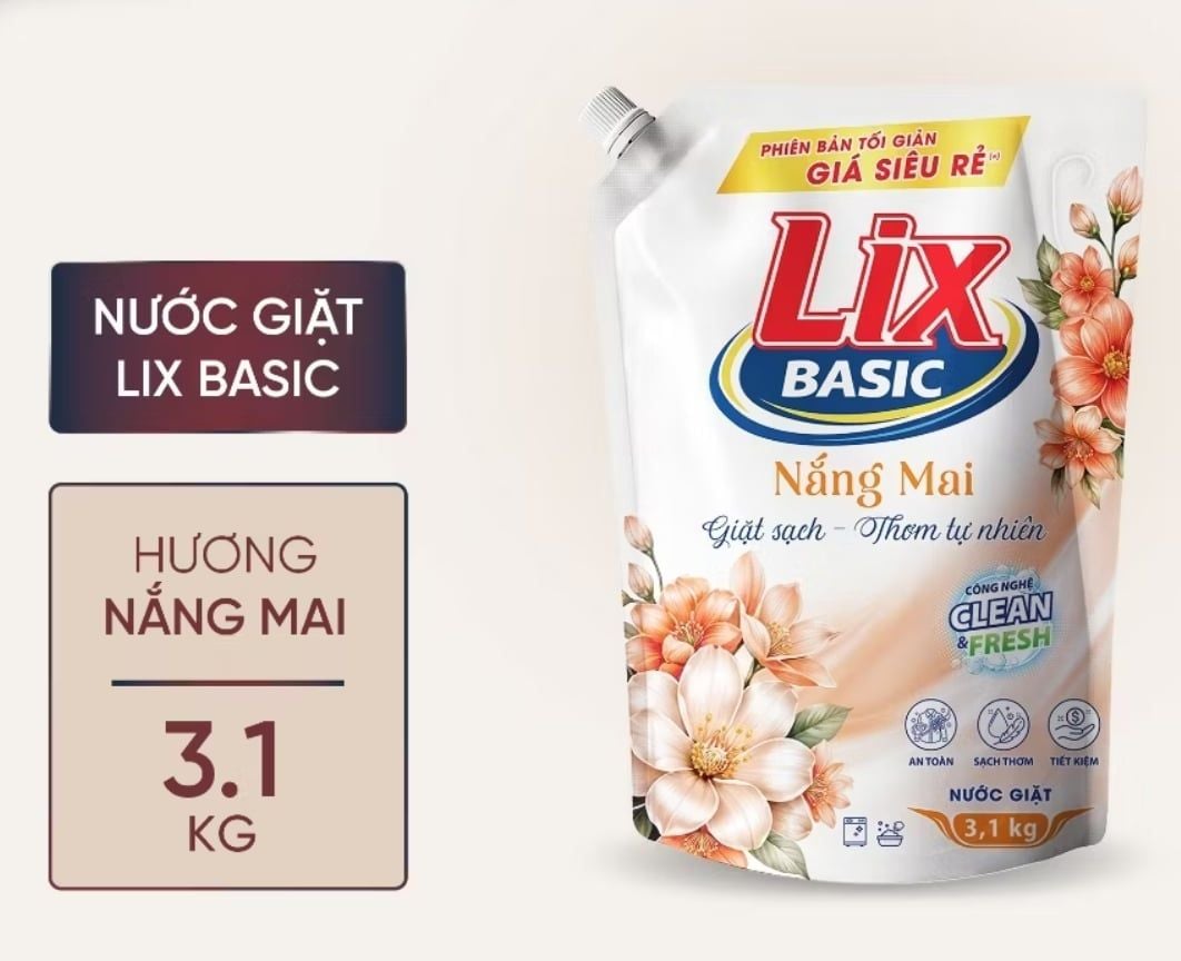  Nước giặt Lix Basic hương Nắng mai túi 3.1kg - can 3.3kg 