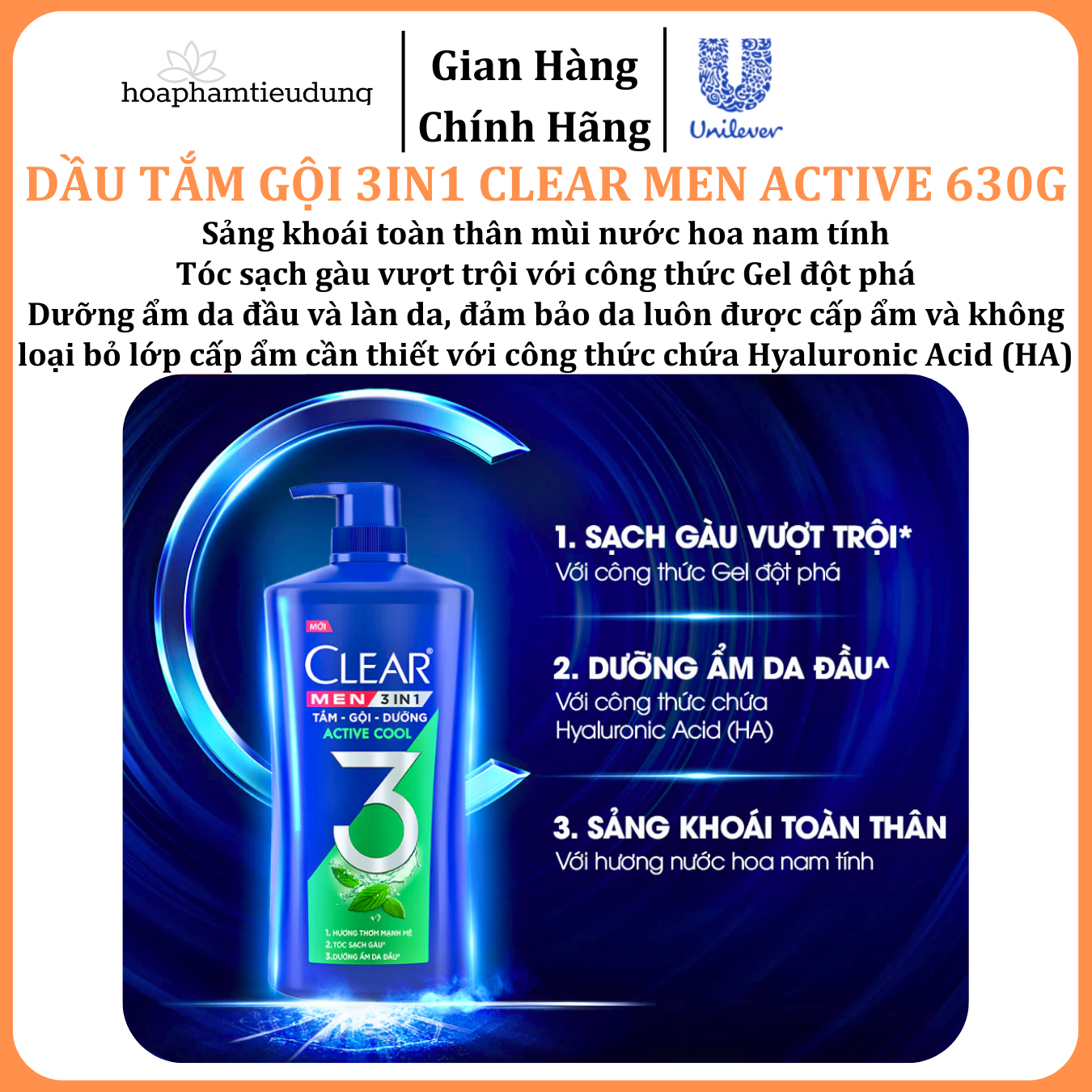  Dầu Tắm - Gội - Dưỡng Mát Lạnh 3 trong 1 cho nam Clear Men Active 630g 
