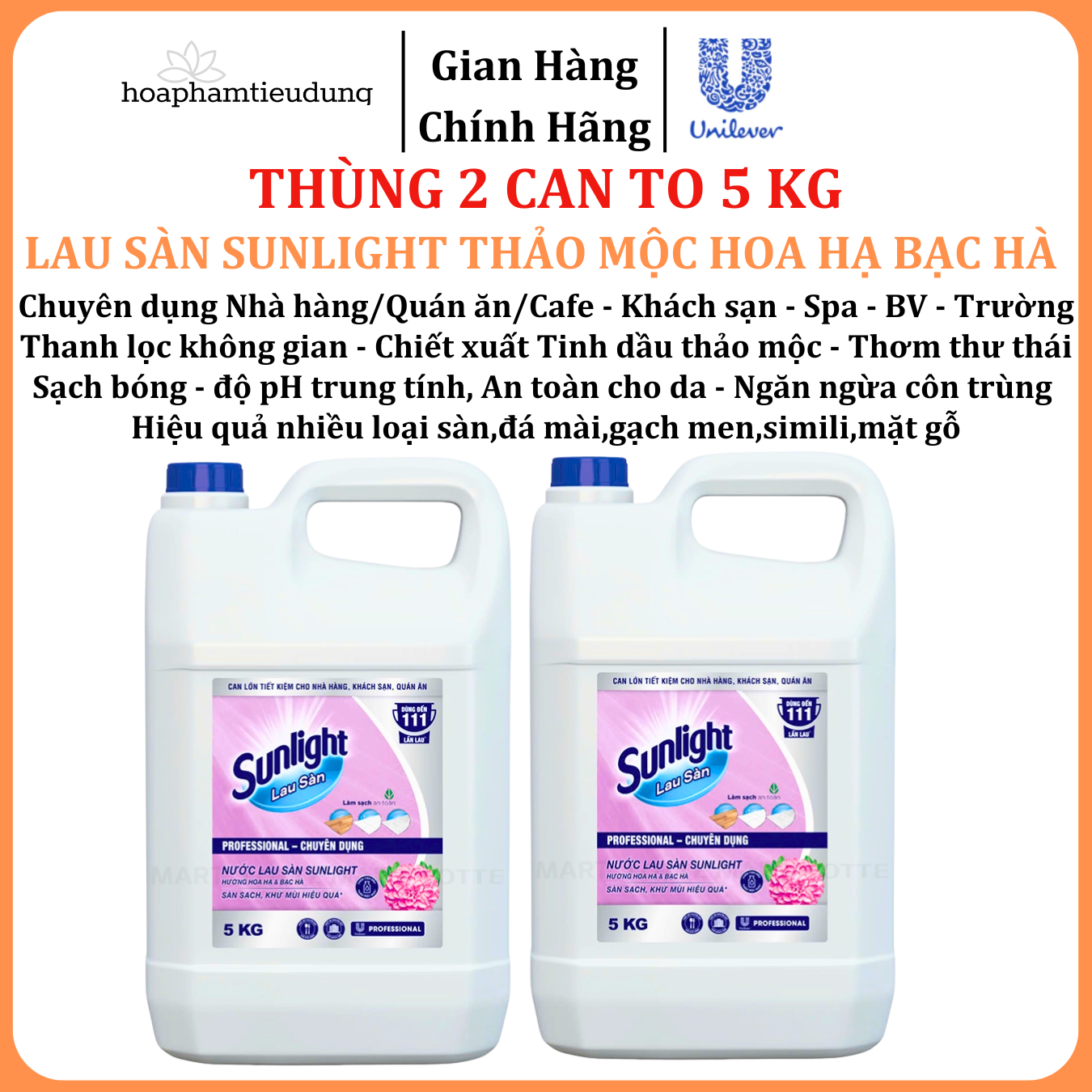  Nước lau sàn Sunlight 5 kg chuyên dụng Nhà hàng - Khách sạn - Bệnh viện - Trường - Spa 