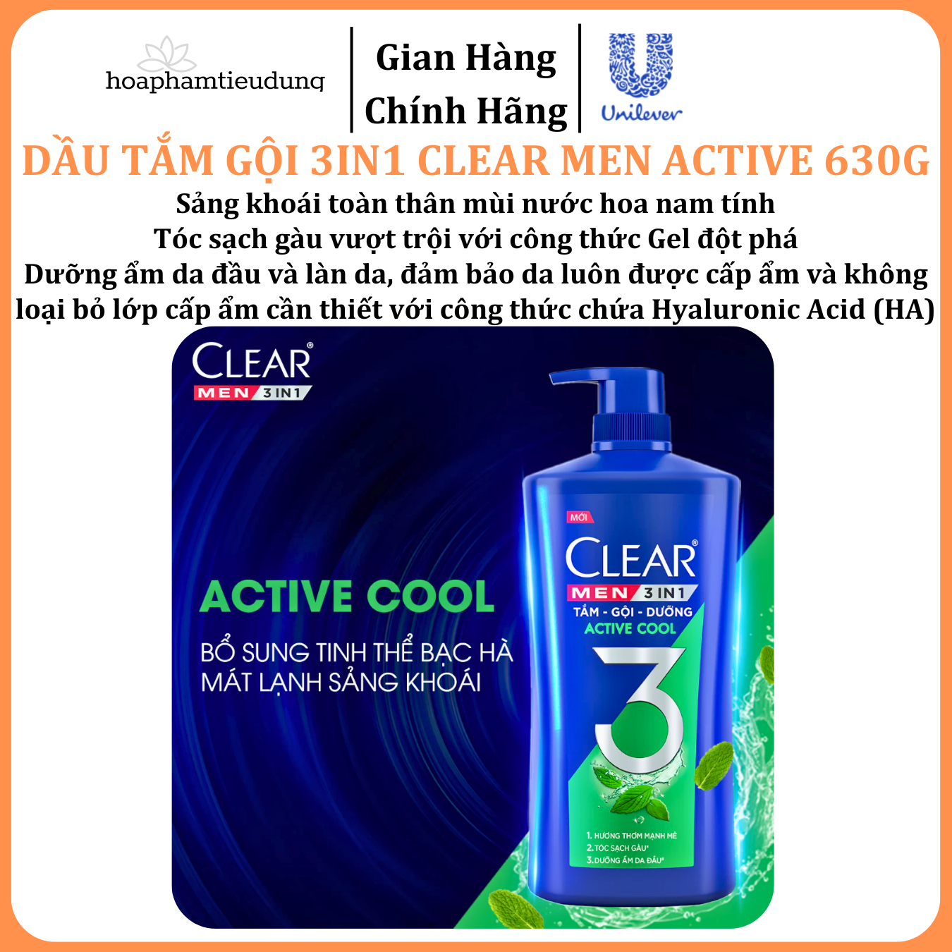  Dầu Tắm - Gội - Dưỡng Mát Lạnh 3 trong 1 cho nam Clear Men Active 630g 