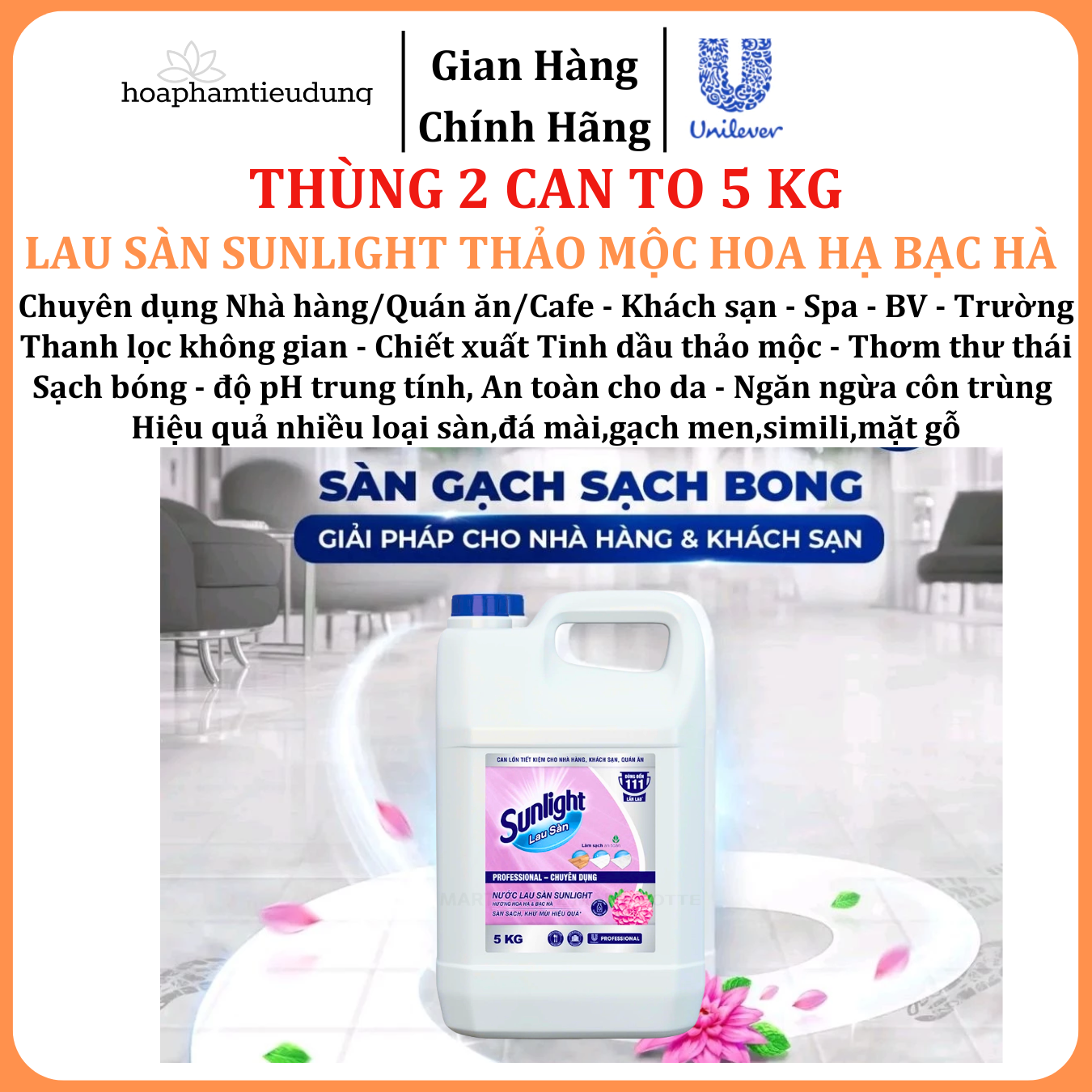  Nước lau sàn Sunlight 5 kg chuyên dụng Nhà hàng - Khách sạn - Bệnh viện - Trường - Spa 