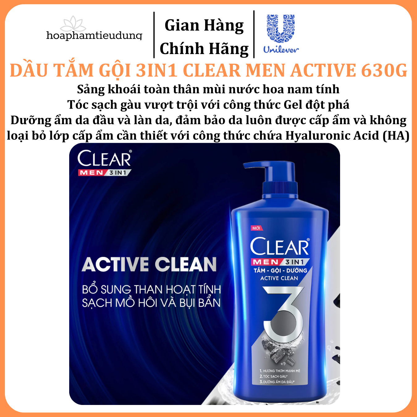  Dầu Tắm - Gội - Dưỡng Mát Lạnh 3 trong 1 cho nam Clear Men Active 630g 