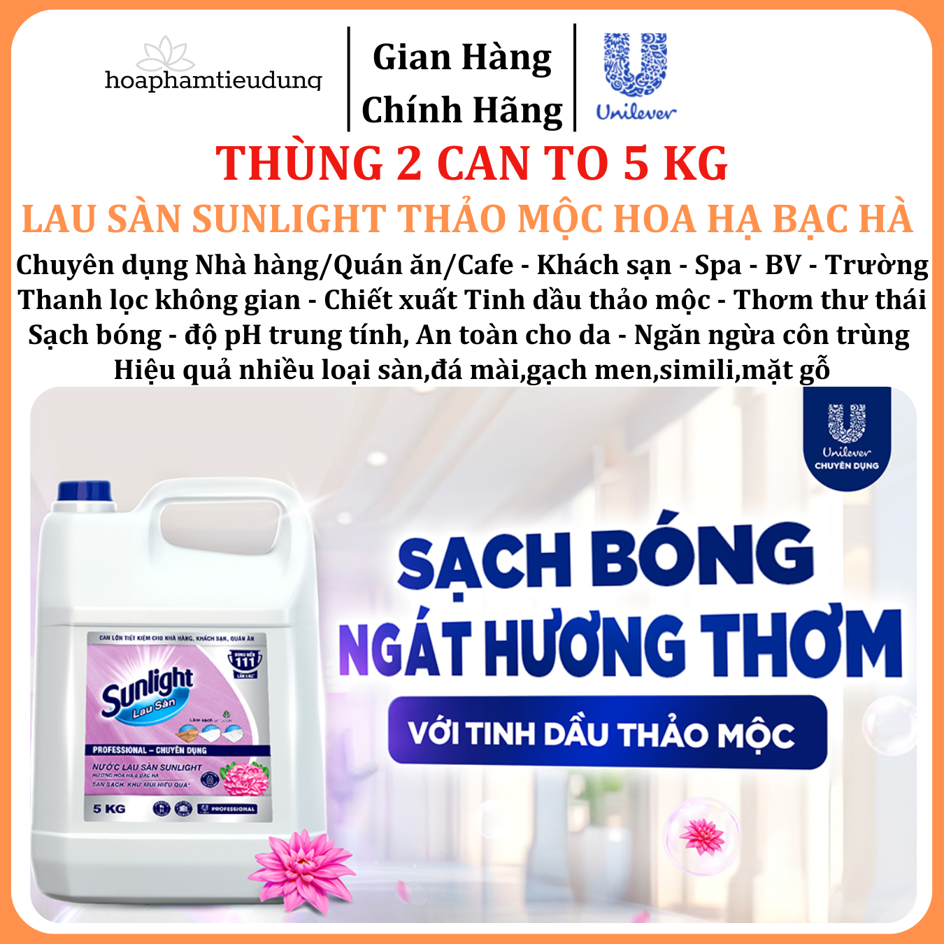  Nước lau sàn Sunlight 5 kg chuyên dụng Nhà hàng - Khách sạn - Bệnh viện - Trường - Spa 