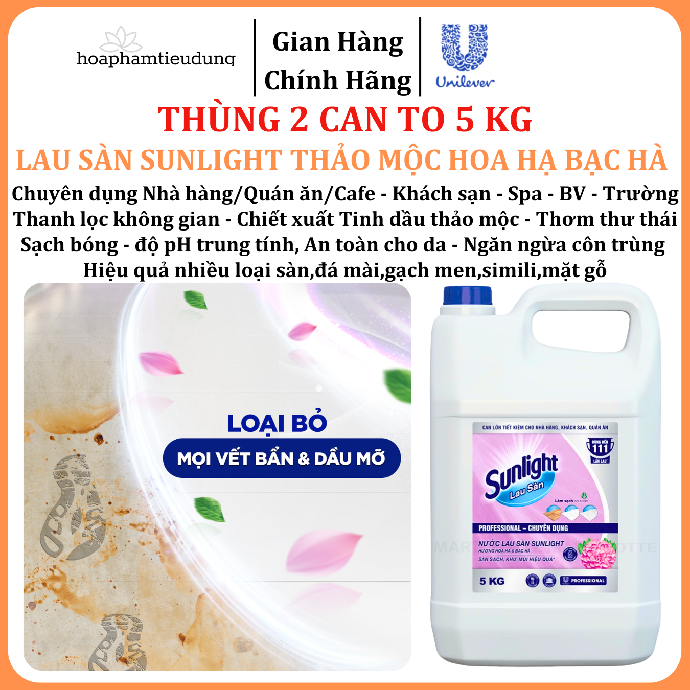  Nước lau sàn Sunlight 5 kg chuyên dụng Nhà hàng - Khách sạn - Bệnh viện - Trường - Spa 