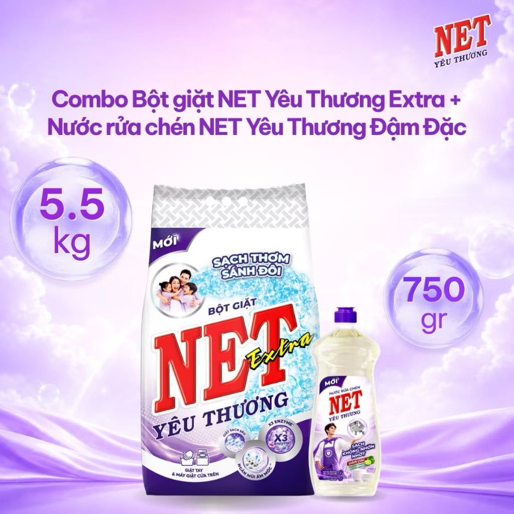  Combo Bột giặt NET yêu thương Extra bịch 5.5kg + Nước rửa chén NET yêu thương đậm đặc hương Chanh tươi mát chai 750g 