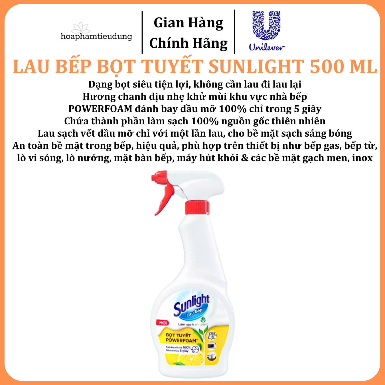  Bọt tuyết lau bếp Sunlight POWERFOAM - Đánh bay dầu mỡ 100%, siêu tiện trong 5 giây 500ml 
