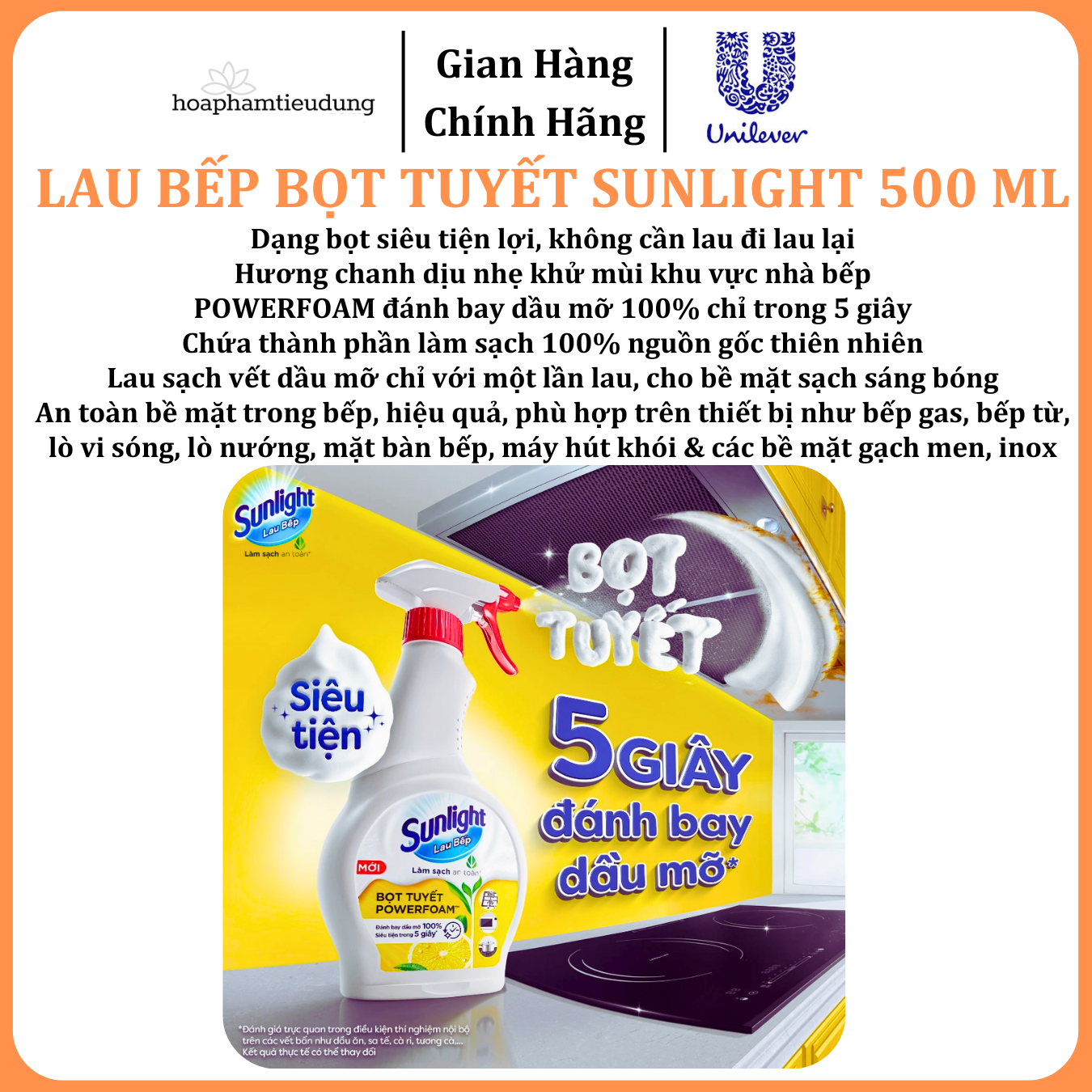  Bọt tuyết lau bếp Sunlight POWERFOAM - Đánh bay dầu mỡ 100%, siêu tiện trong 5 giây 500ml 