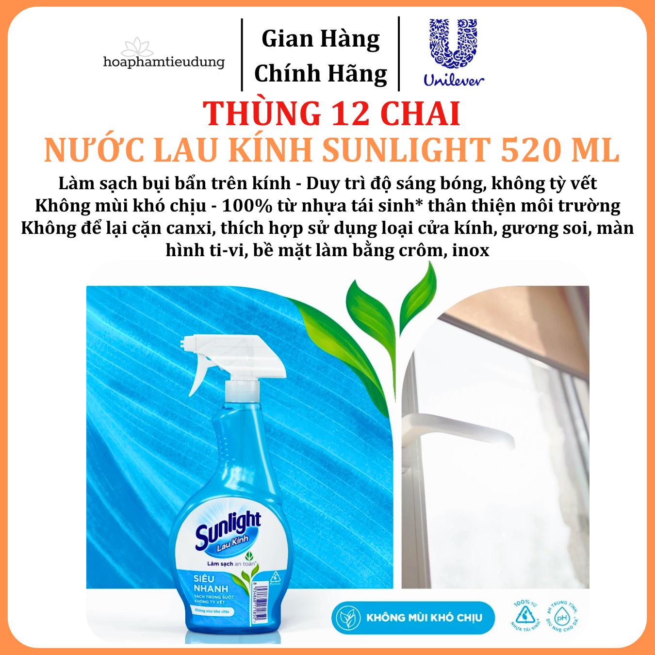  Nước lau kính Sunlight Siêu nhanh Phiên bản nâng cấp từ Cif Sạch trong suốt, không tỳ vết Chai 520ml 