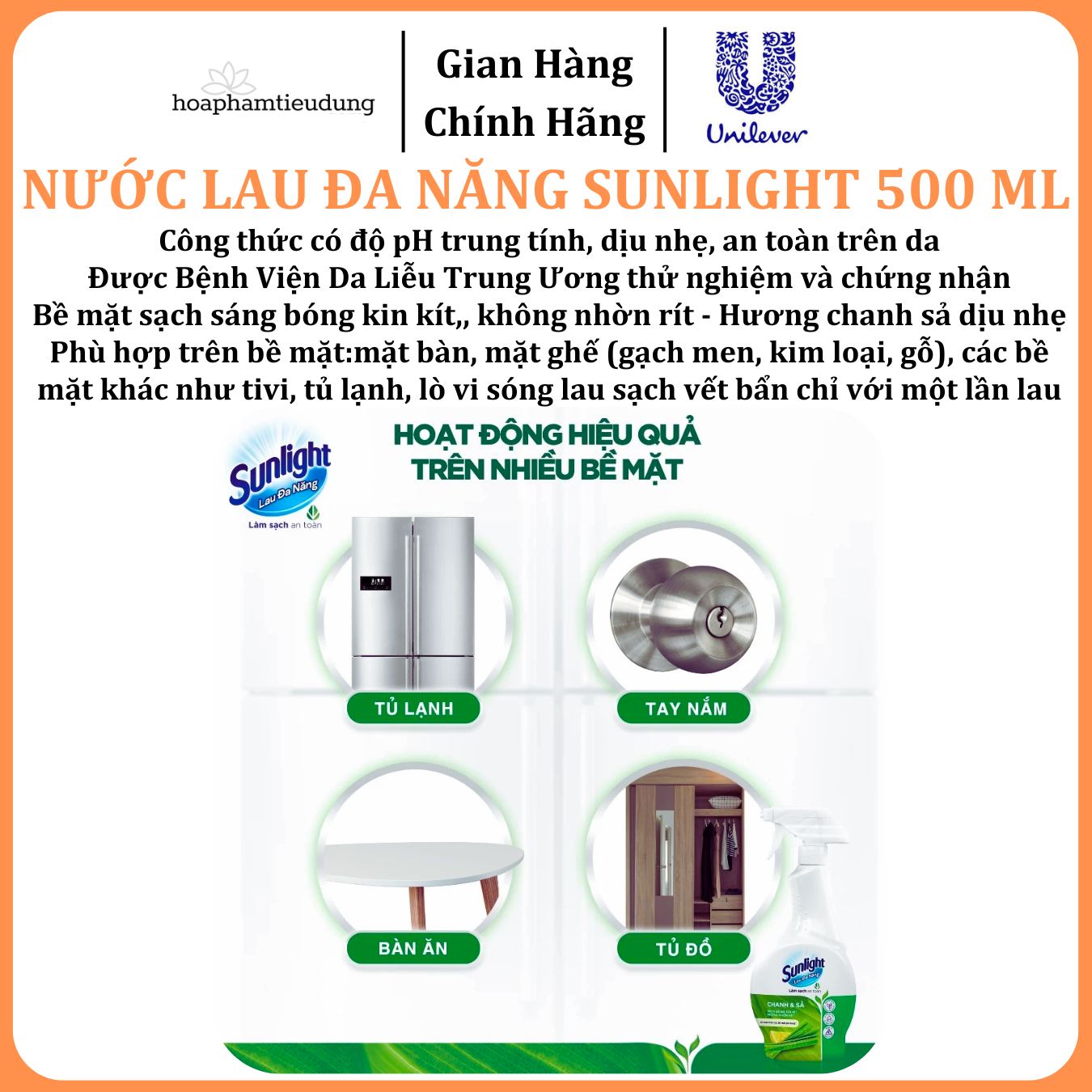  Nước lau đa năng Sunlight Chanh & Sả Phiên bản nâng cấp từ Cif Sạch bóng kin kít, không nhờn rít Chai 500ml 