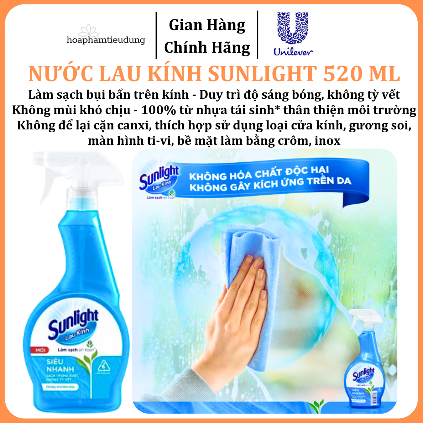  Nước lau kính Sunlight Siêu nhanh Phiên bản nâng cấp từ Cif Sạch trong suốt, không tỳ vết Chai 520ml 
