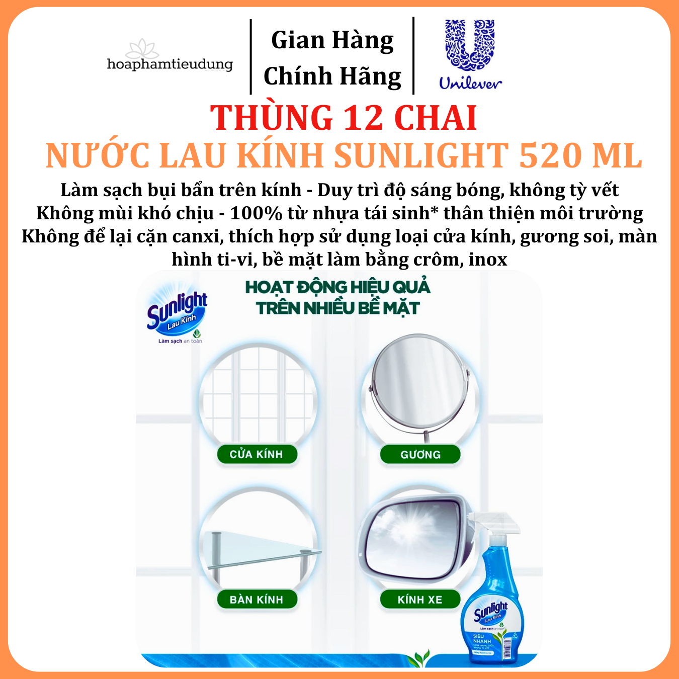  Nước lau kính Sunlight Siêu nhanh Phiên bản nâng cấp từ Cif Sạch trong suốt, không tỳ vết Chai 520ml 