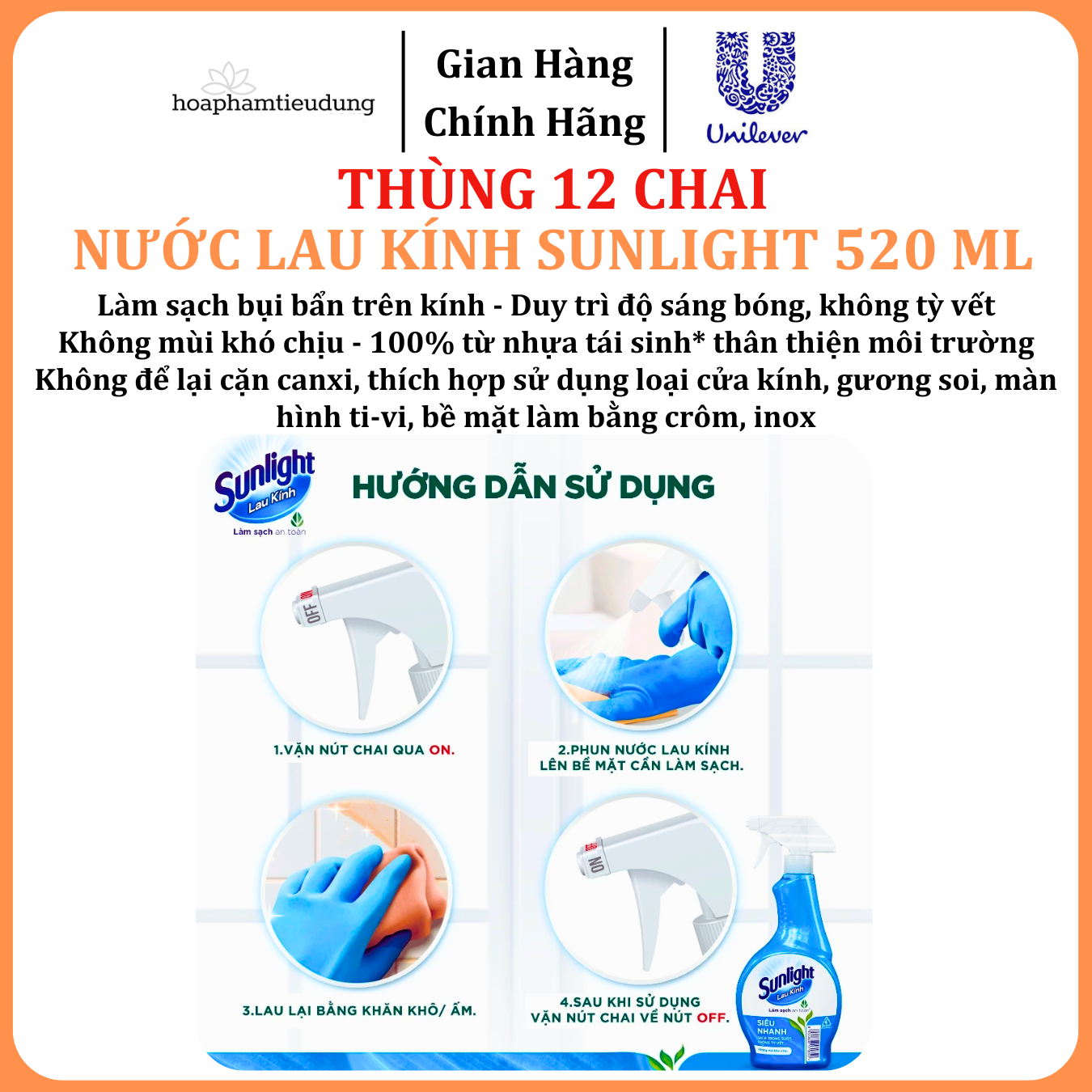  Nước lau kính Sunlight Siêu nhanh Phiên bản nâng cấp từ Cif Sạch trong suốt, không tỳ vết Chai 520ml 