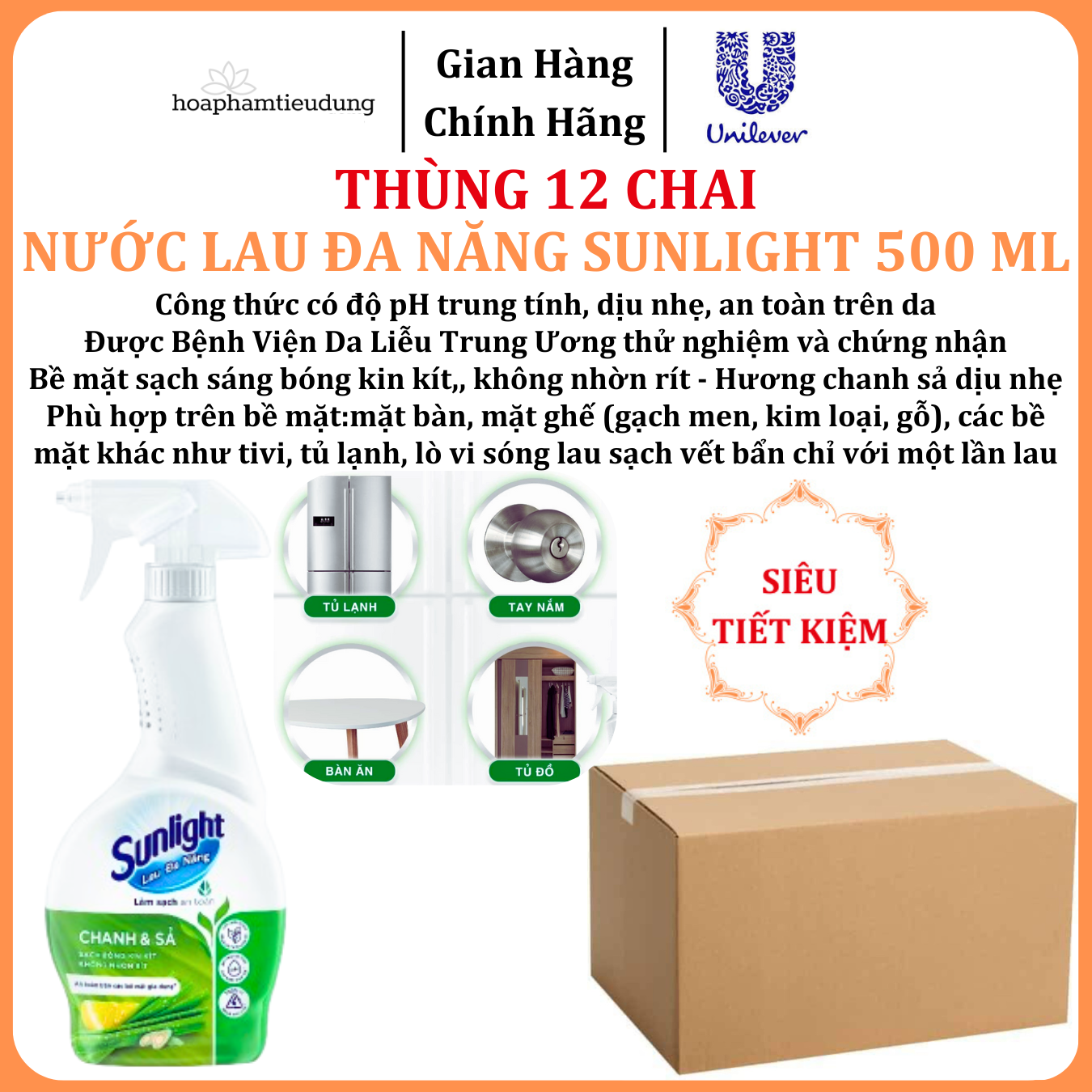  Nước lau đa năng Sunlight Chanh & Sả Phiên bản nâng cấp từ Cif Sạch bóng kin kít, không nhờn rít Chai 500ml 