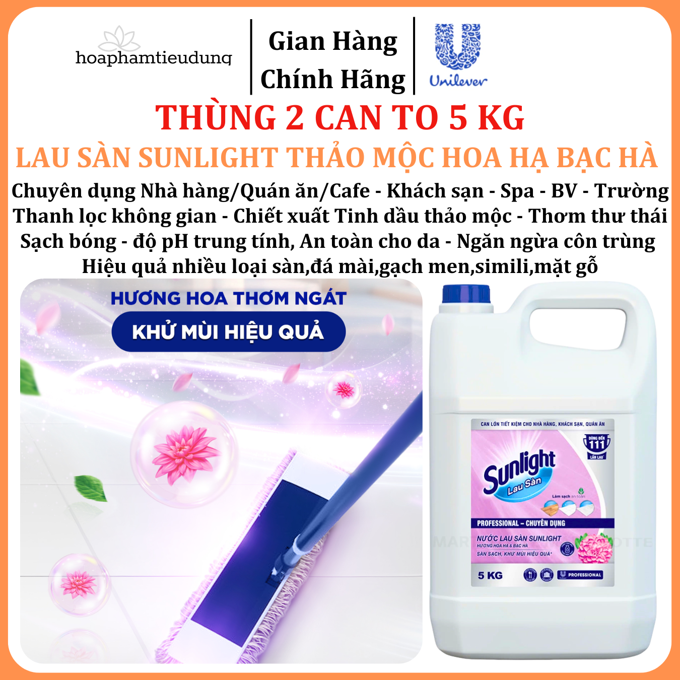  Nước lau sàn Sunlight 5 kg chuyên dụng Nhà hàng - Khách sạn - Bệnh viện - Trường - Spa 