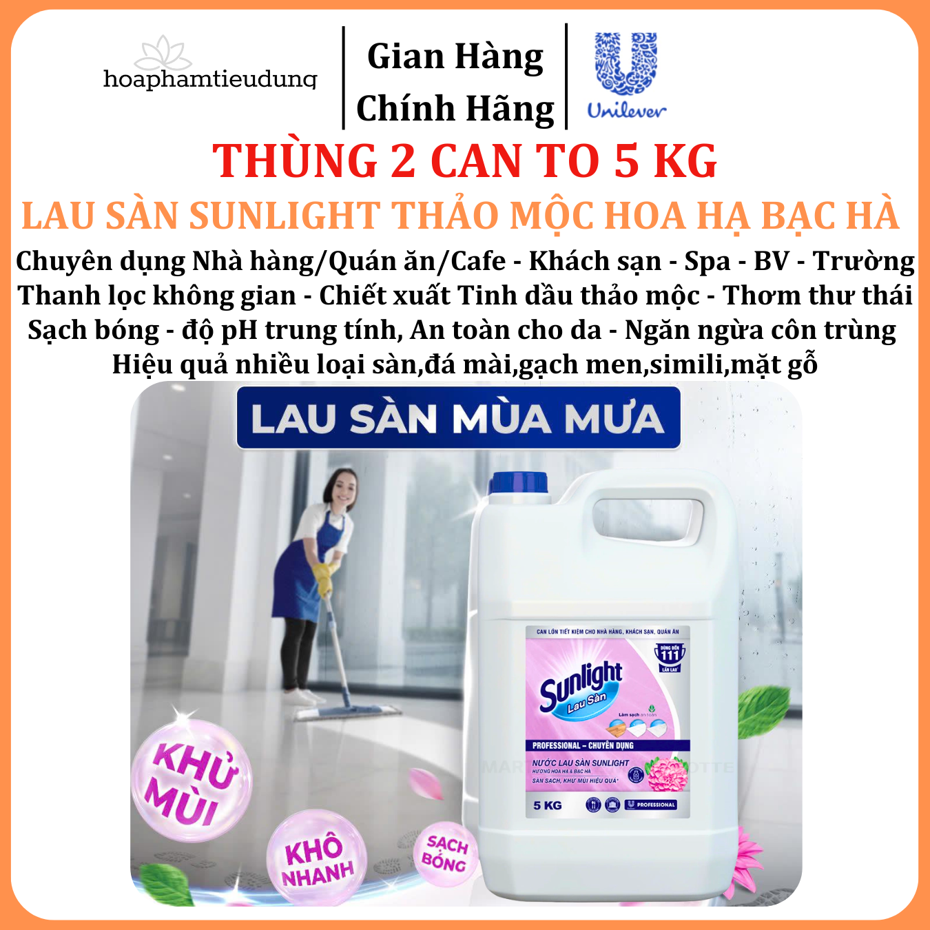  Nước lau sàn Sunlight 5 kg chuyên dụng Nhà hàng - Khách sạn - Bệnh viện - Trường - Spa 