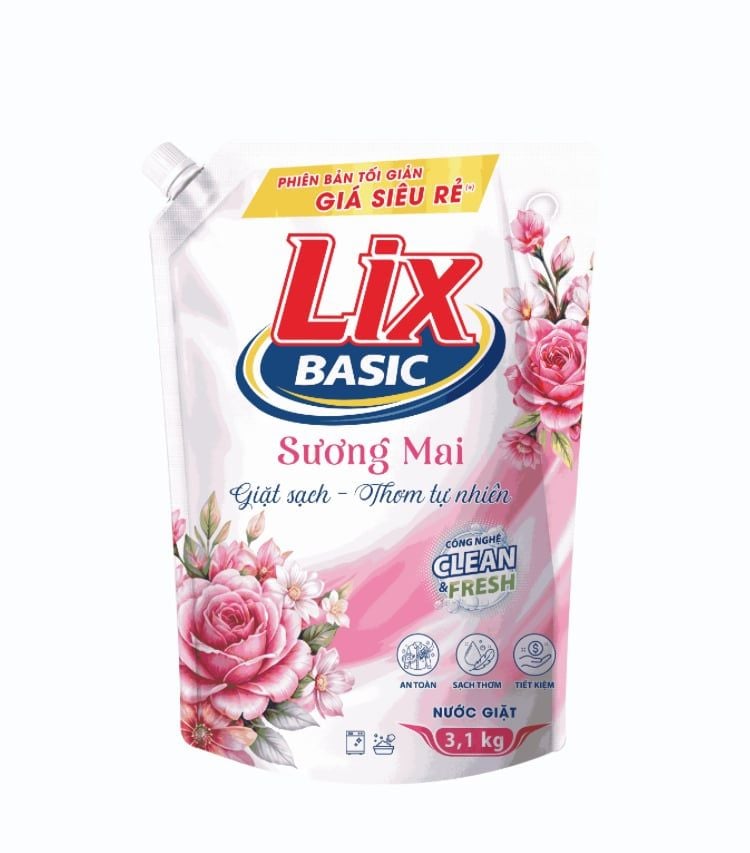  Nước giặt Lix Basic hương Sương mai túi 3.1kg - can 3.3kg 