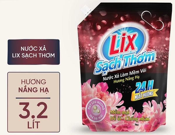  Nước xả làm mềm vải Lix sạch thơm hương nắng hạ 1,8/ 2,2L/ 3,2L 
