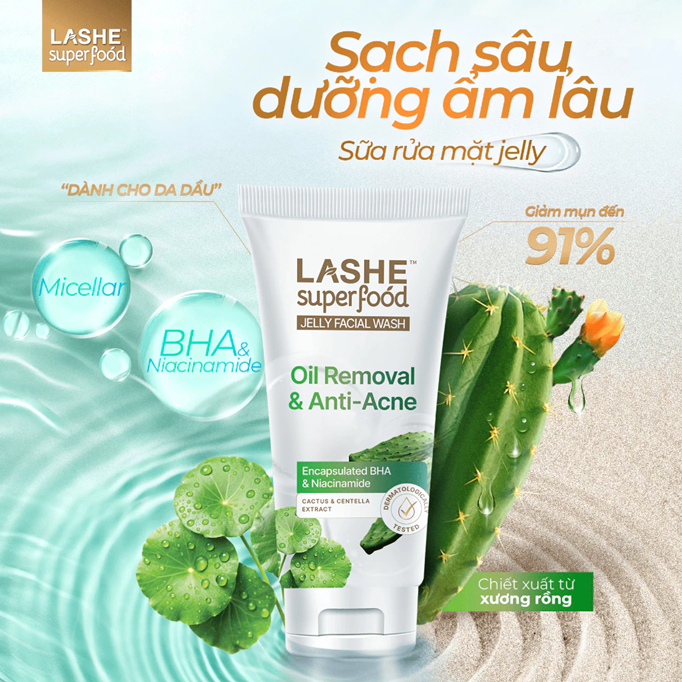  Sữa Rửa Mặt LASHE SUPERFOOD Sạch Sâu, Dưỡng Ẩm Cho Da Khô & Da Nhạy Cảm/Sạch Sâu, Giảm Mụn Cho Da Dầu 120G 