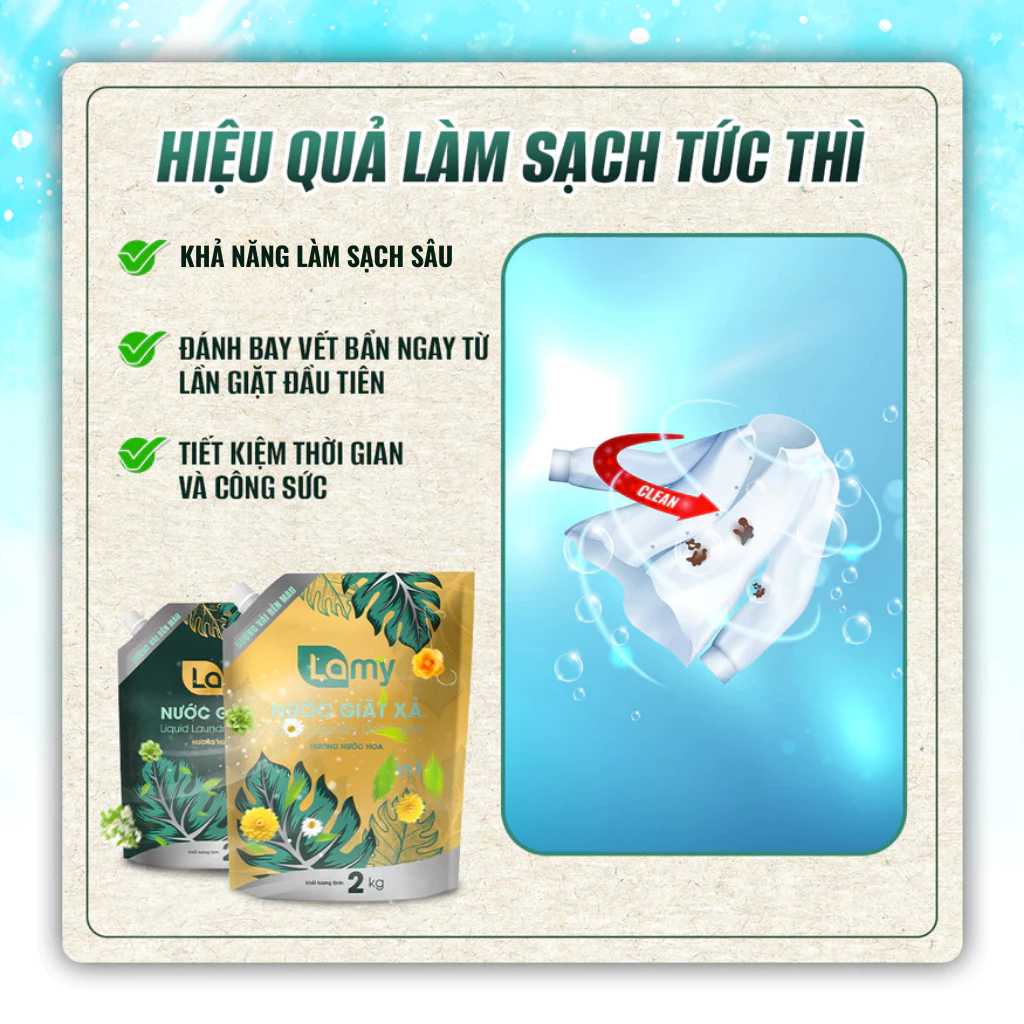  Nước Giặt Xả Lamy 3in1 lưu hương Nước Hoa, Sạch Sâu Mềm Vải Túi 2L/ Can 3.5L 