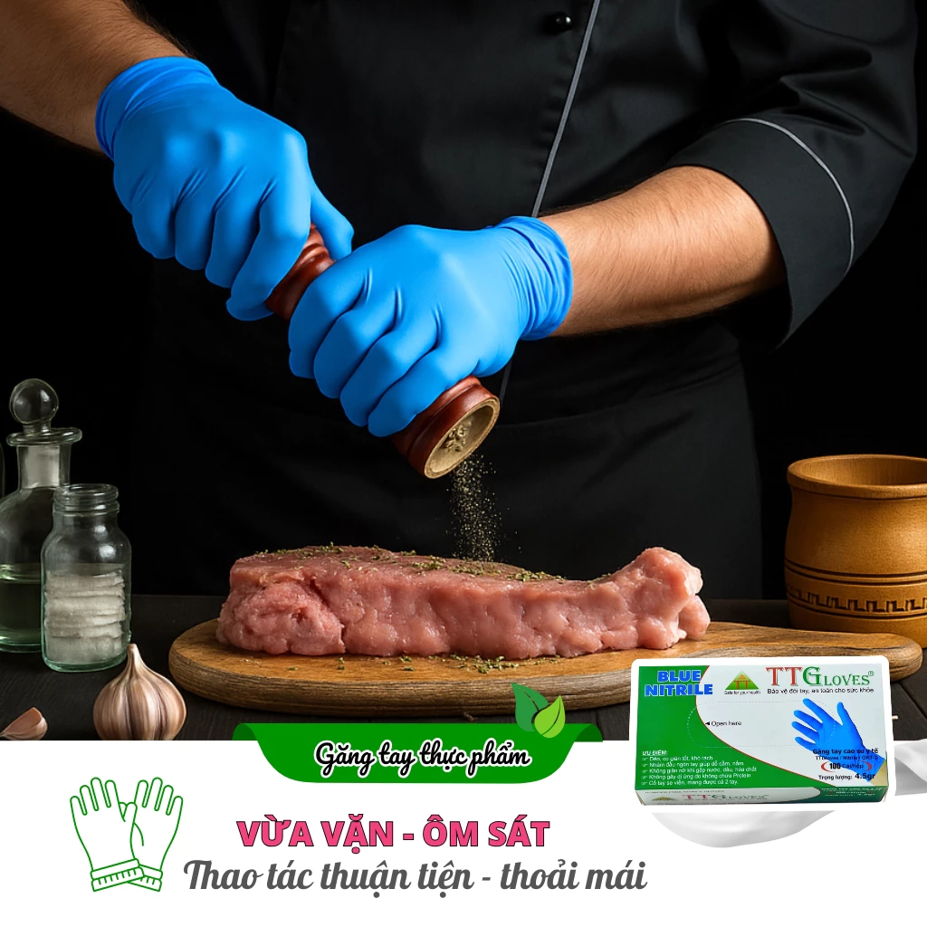  Găng Tay Nấu Ăn Kitchen And Food TTGLOVES Nitrile Không Bột Màu Xanh 4.5gr (Hộp 100 Chiếc) 