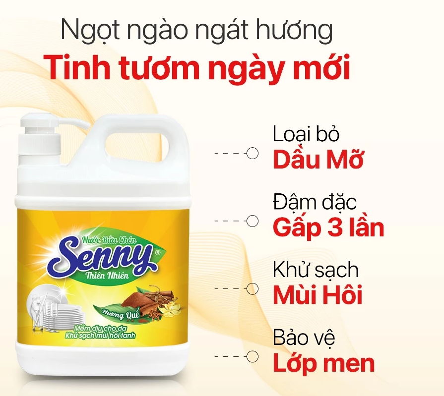  Nước Rửa Chén Dầu Rửa Bát Senny Hương Quế Khử Mùi Tanh Loại Bỏ Dầu Mỡ Sạch Bóng Trong 1 Lần Rửa Dạng Vòi Xịt 1,4Kg 