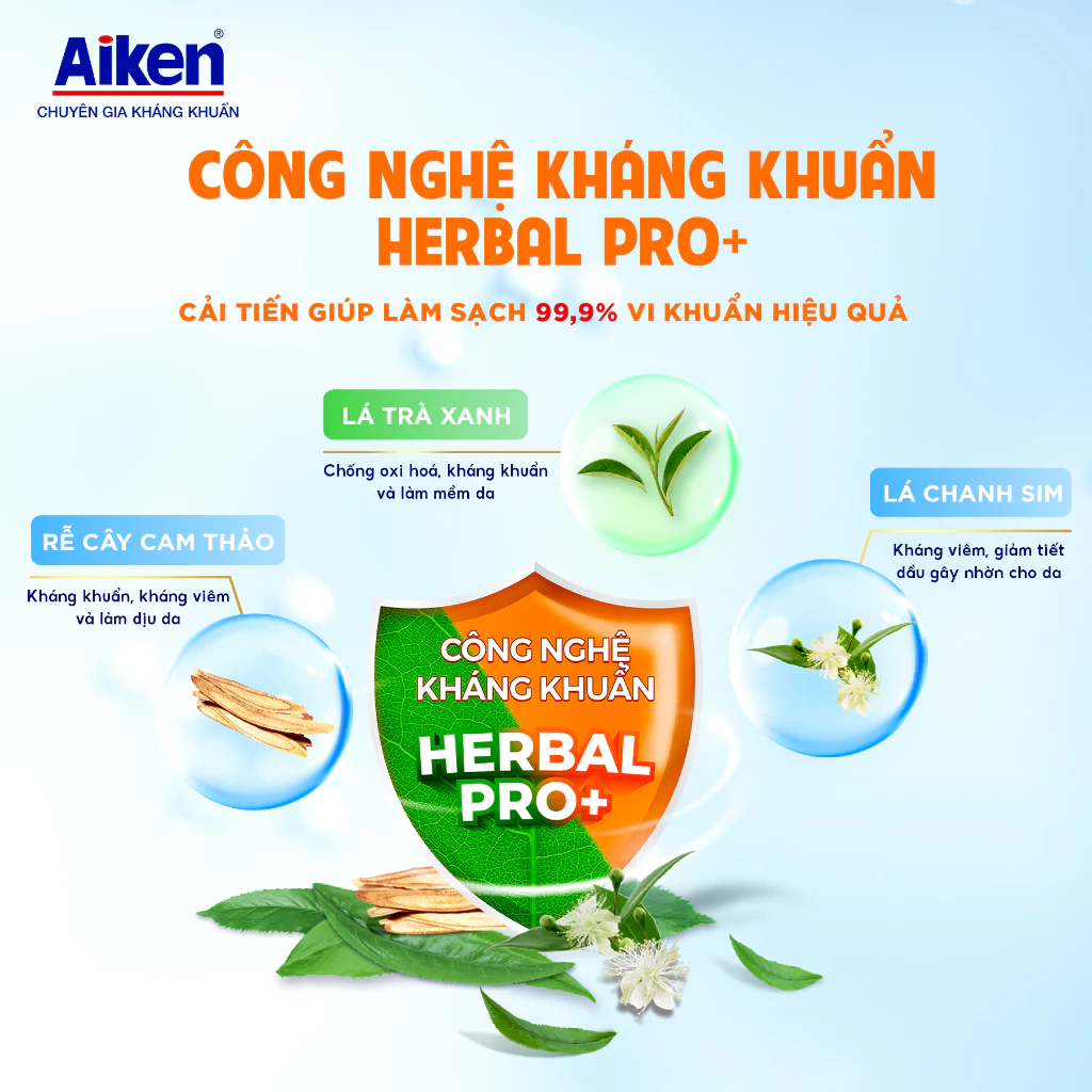  Sữa tắm sạch khuẩn Aiken thảo mộc Dưỡng ẩm mềm mịn, Ngừa mụn sáng da 845g 