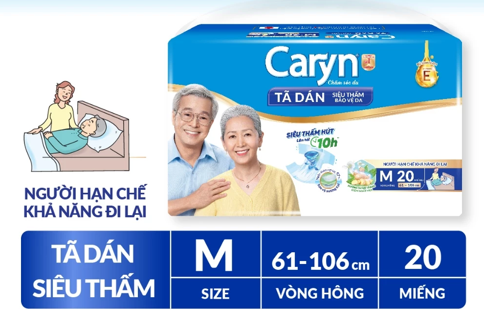 Tã/Bỉm dán người lớn siêu thấm Caryn dành cho người hạn chế khả năng đi lại Size M (10/20/40pcs) 