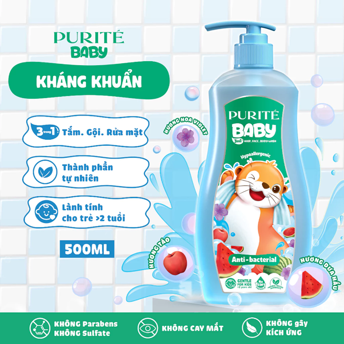  Sữa Tắm Gội Rửa Mặt 3in1 Purité Baby Kháng Khuẩn/ Vui Nhộn 500ML 
