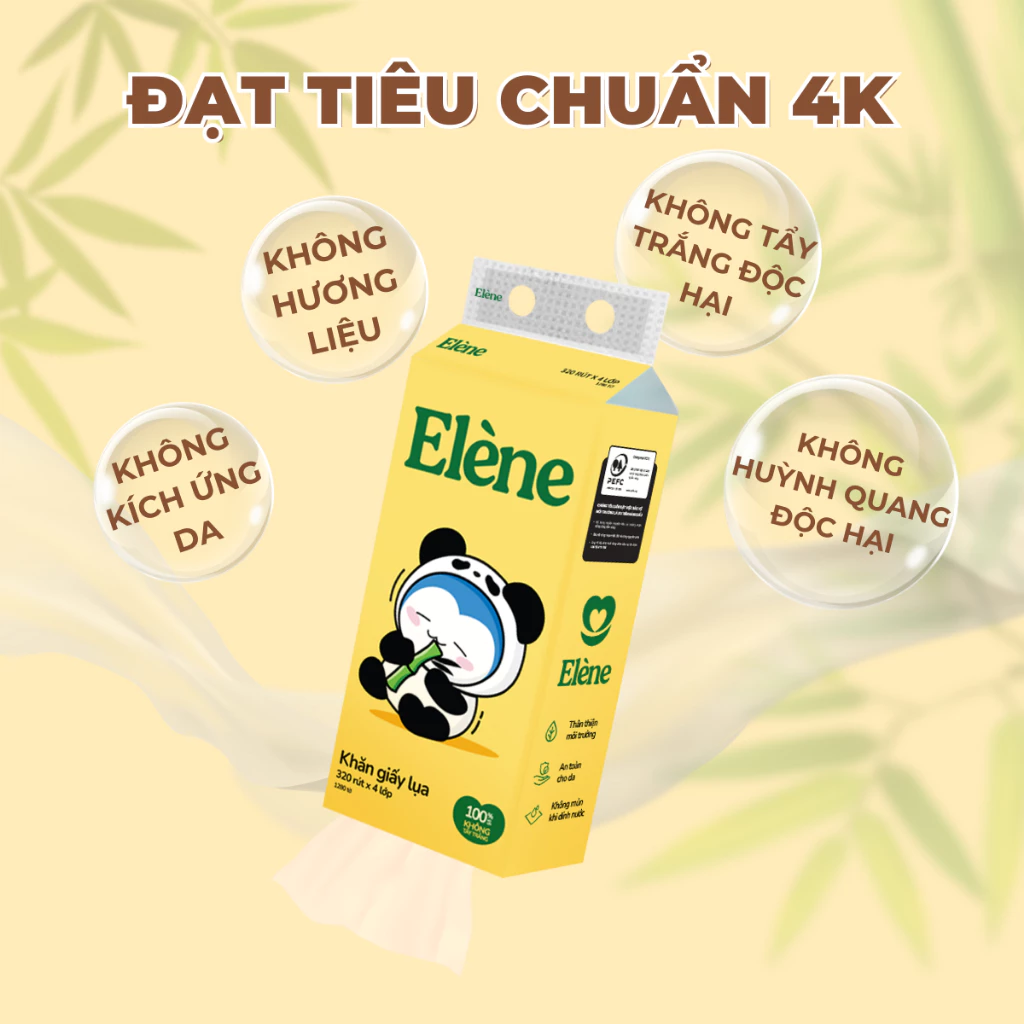  Khăn Giấy Lụa Tre Elène Rút Đáy 4 lớp 320 Lần Rút Cao Cấp, Thân Thiện Với Môi Trường 