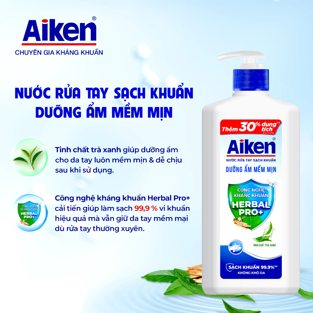  Nước rửa tay Aiken Sạch khuẩn Dưỡng ẩm, Khử mùi 494g 