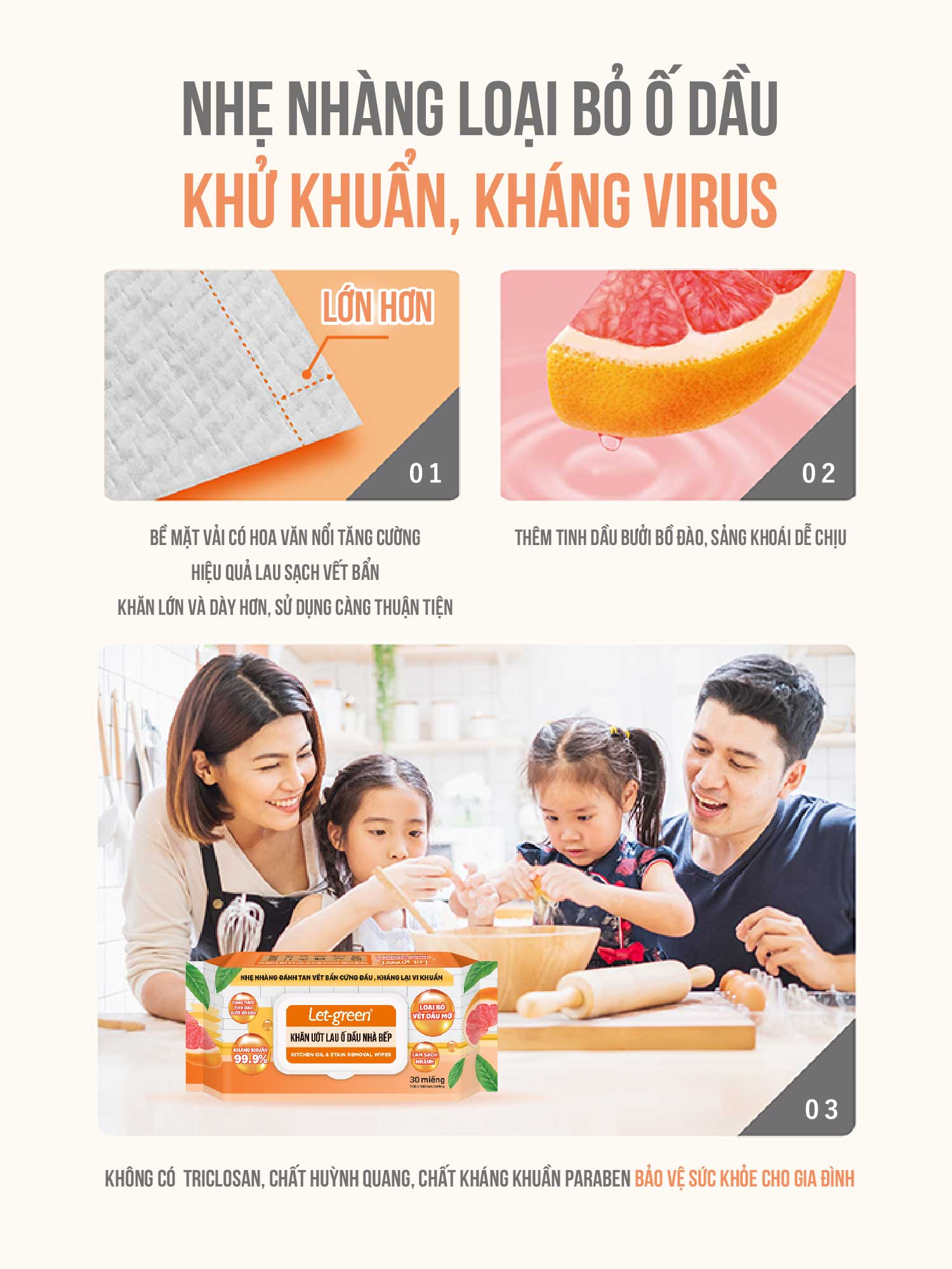  Khăn Ướt Lau Bếp LET-GREEN Sạch Ố Dầu, 30 Miếng/Bao 