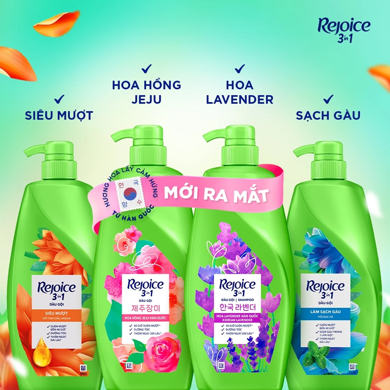  Dầu Gội REJOICE 3 Trong 1 Với Chiết Xuất Từ Tinh Dầu Argan Siêu Mượt/ Bạc Hà Sạch Gàu/ Hoa Hồng Jeju Chai 1150 ml 