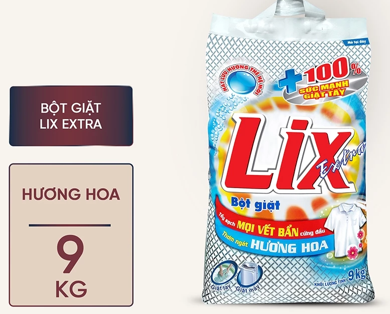  Bột giặt Lix Extra hương hoa làm trắng quần áo tăng gấp đôi sức mạnh lưu hương lâu cho giặt tay và máy 2-5.5-9 kg 