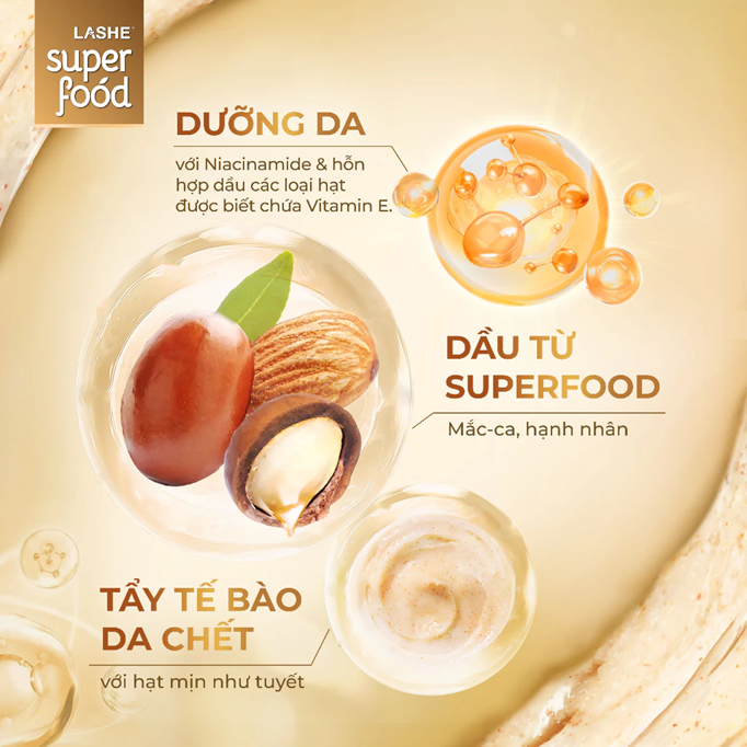  Kem Tuyết Tẩy Tế Bào Chết LASHE SUPERFOOD Dưỡng Sáng Da Hương Quả Mọng / Hương Bánh Nướng 220G 