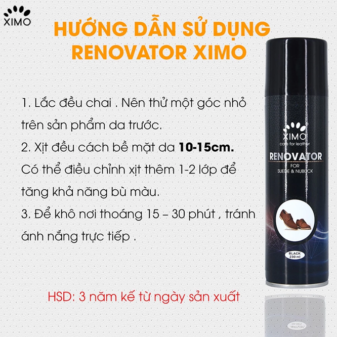  Chai Xịt Vệ Sinh Da Lộn Renovator XIMO 230ml Chuyên Dưỡng Và Bổ Sung, Chai Xịt Phục Hồi Màu 
