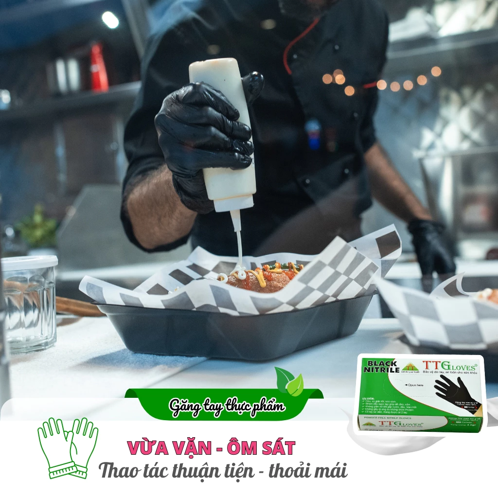  Găng Tay Nấu Ăn TTGLOVES Chất Liệu Cao Su Nitrile Không Bột Màu Đen (Hộp 100 Chiếc) 
