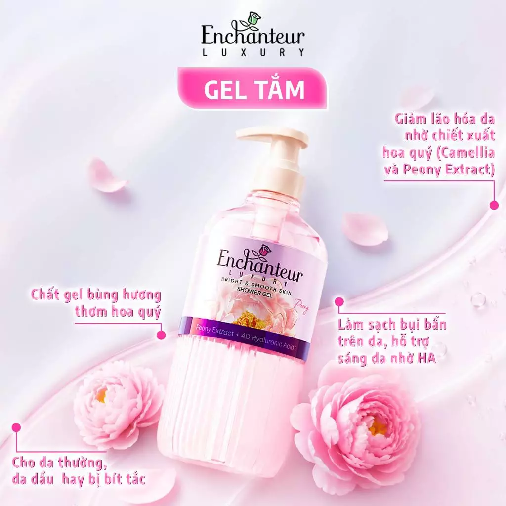  Gel/Bọt Tắm Cao Cấp Enchanteur Luxury Dưỡng Da Sáng Mịn Chứa Chiết Xuất Hoa Trà/ Hoa Mẫu Đơn + 4D Hyaluronic Acid 400-450ml 