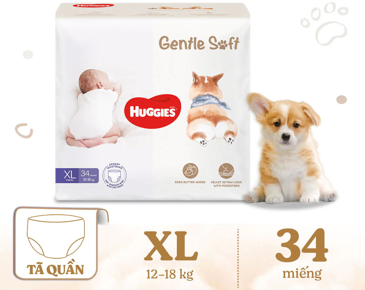  Tã quần Huggies Gentle Soft - Corgi M54/L40/XL34/XXL22 miếng êm mềm chiết xuất bơ hạt mỡ 