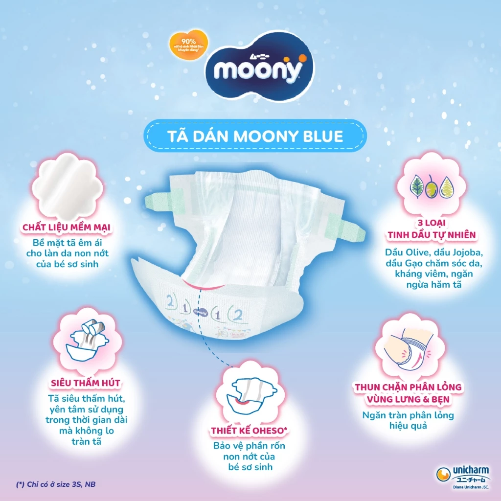  Tã dán cao cấp Moony 3S dành cho trẻ sơ sinh dưới 3 KG NB30 