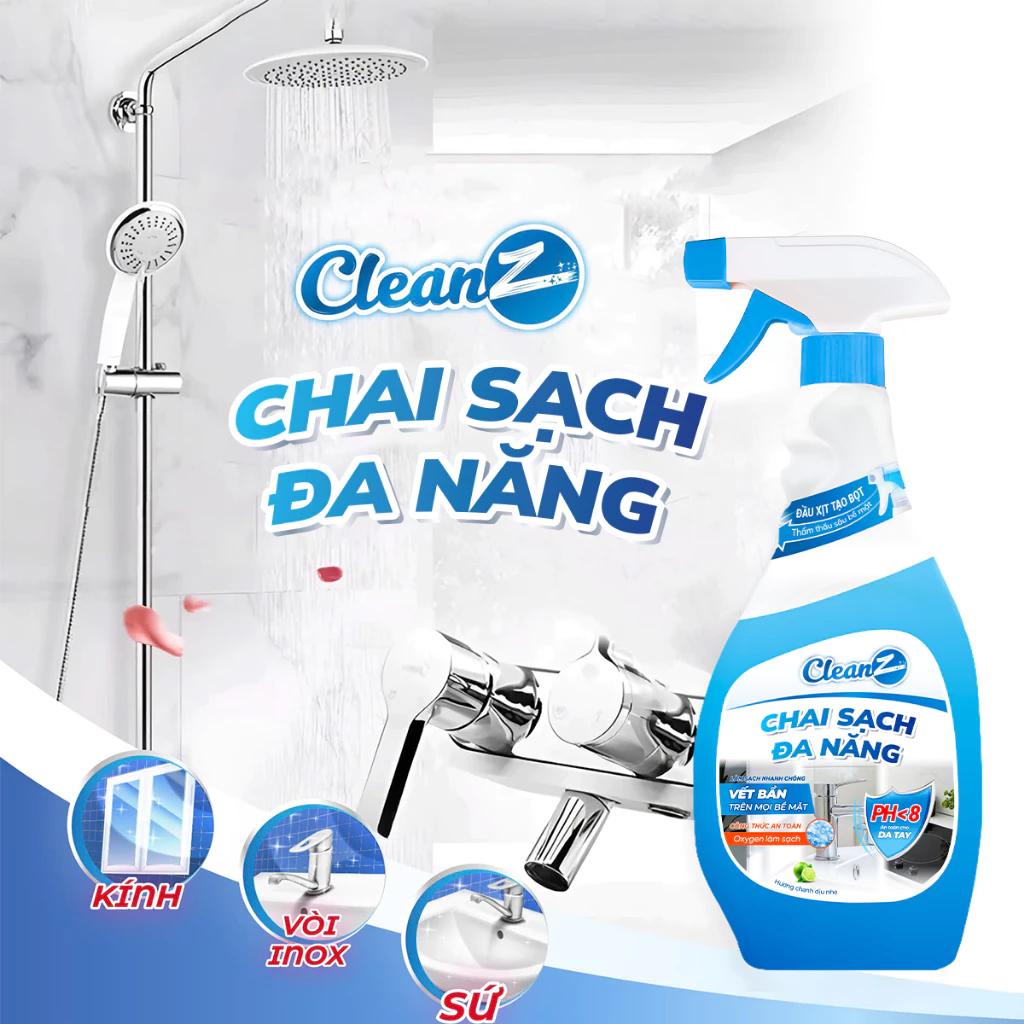 Chai Sạch Đa Năng CLEANZ hương chanh Vệ Sinh Nhà Tắm Chống Ăn Mòn Inox Vệ Sinh Vòi Rửa, Vòi Sen, Vách Kính 350-700ml 