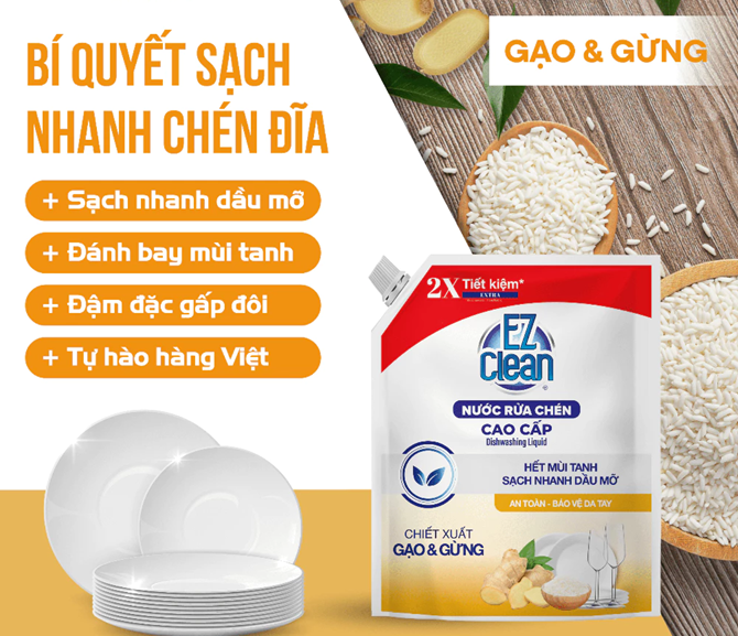 Túi Nước Rửa Chén EZ Clean 3,5kg, sạch nhanh dầu mỡ, không phẩm màu, dịu da tay, bổ sung vitamin E 