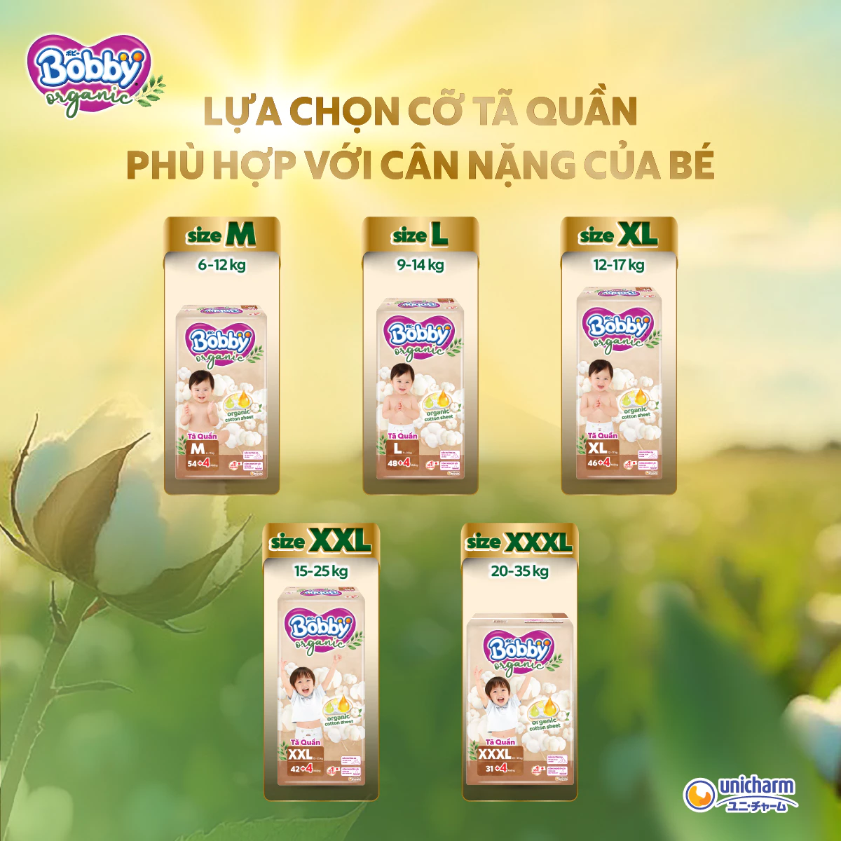  Tã quần cao cấp Bobby Organic chăm sóc dịu nhẹ từ thiên nhiên M72+8/L60+8/XL56+8/XXL54+6 