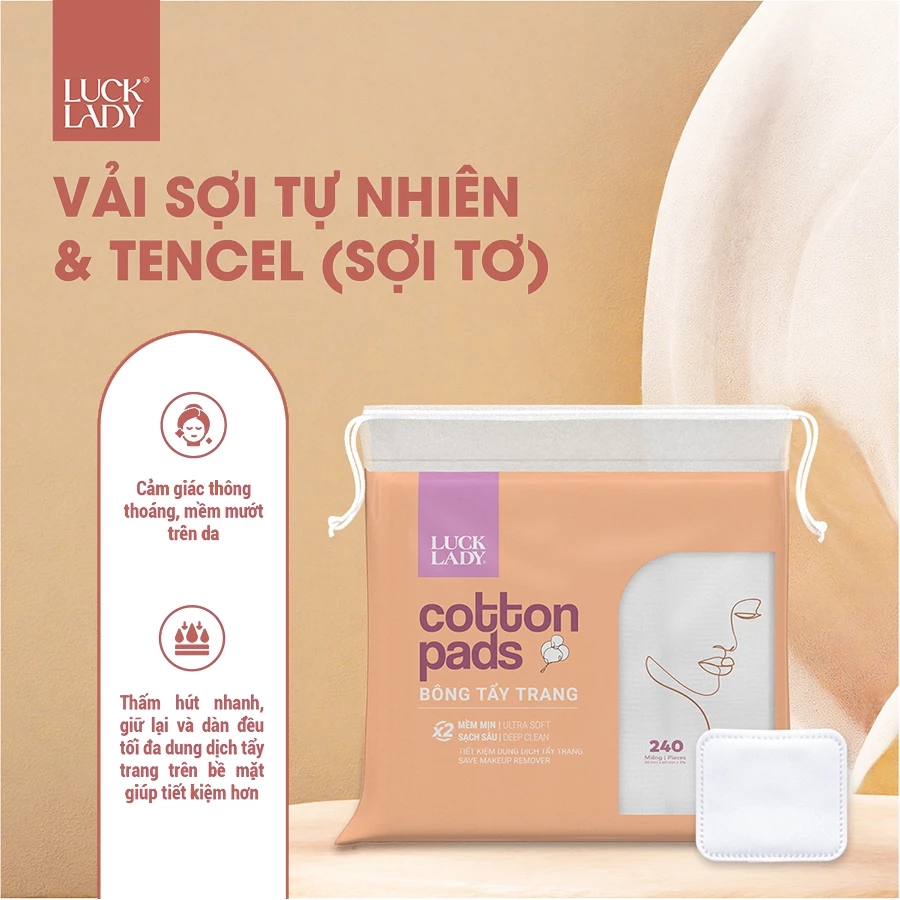  Túi bông tẩy trang Luck Lady dạng túi rút 240 miếng mềm mịn, làm sạch da, an toàn cho da, skincare làm đẹp da 