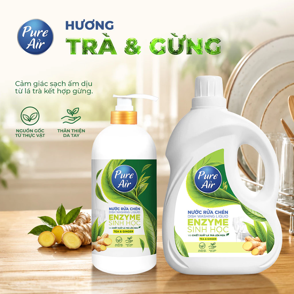  Nước Rửa Chén Enzyme Sinh Học Pure Air Chiết Xuất Lá Trà Lên Men 750g-2.3kg - Hỗ Trợ Làm Sạch Dầu Mỡ Khử Mùi Tanh Dịu Nhẹ Da Tay 