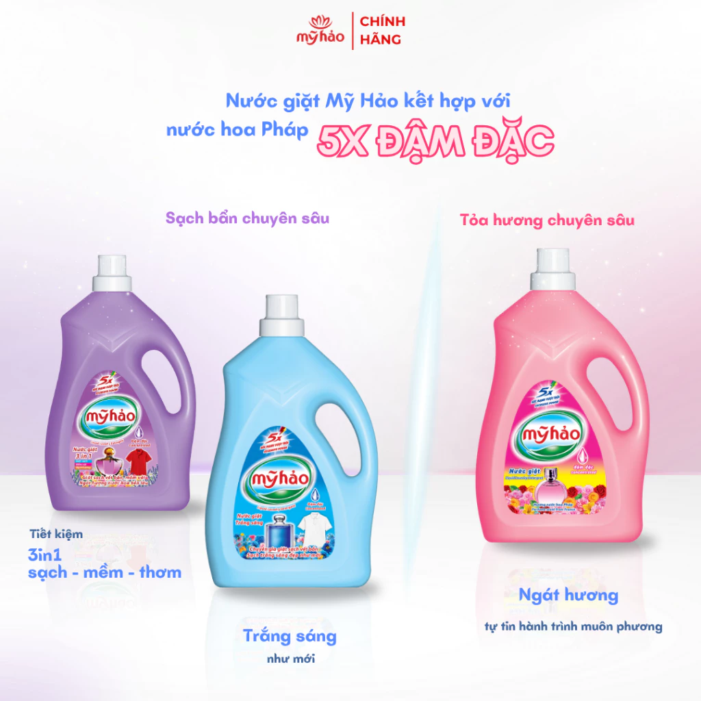  Nước Giặt Hương Nước Hoa Mỹ Hảo 5X Đậm Đặc Sạch Nhanh, Lưu Hương Cao Cấp Bình 3.4KG 